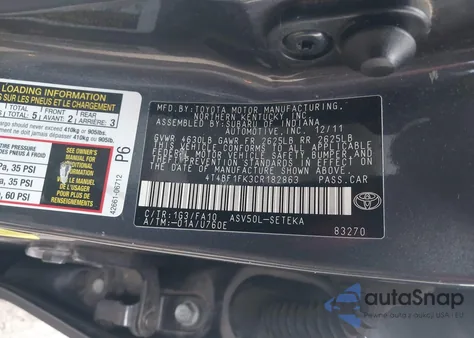 2012 Toyota Camry L from USA, damaged, VIN 4T4BF1FK3CR182863